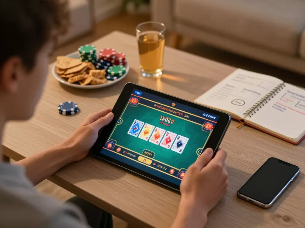Engaged gamer enjoying KADAL 778 on a tablet, capturing strategic gameplay in a cozy home setting.