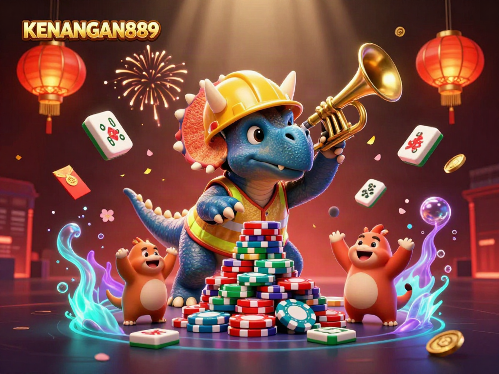 Experience immersive gaming with KENANGAN889 as exciting characters celebrate around vibrant casino elements.