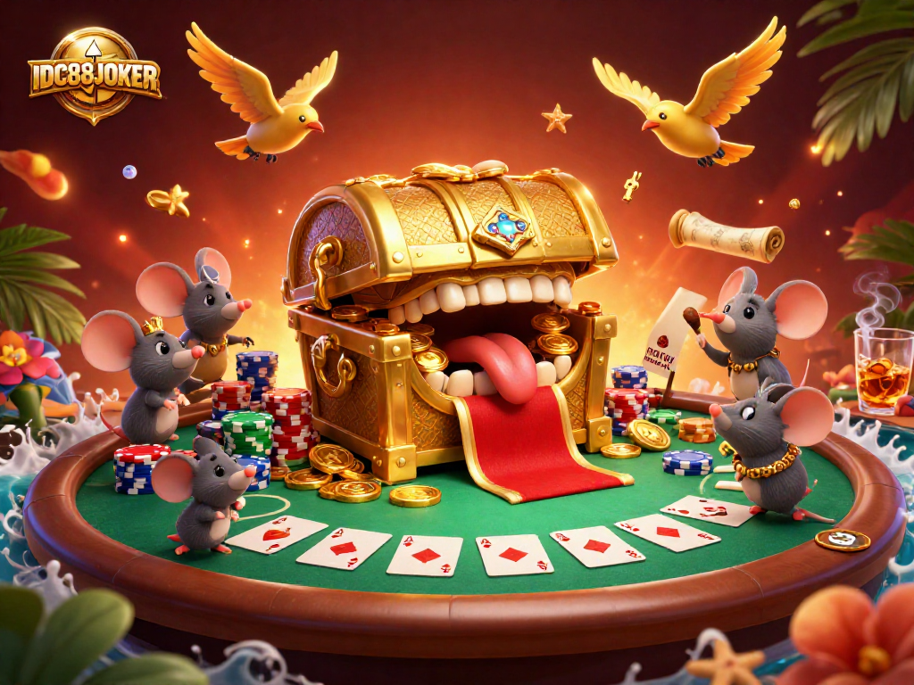 Play thrilling games at IDC88JOKER with a vibrant scene of poker action and lucky treasures.