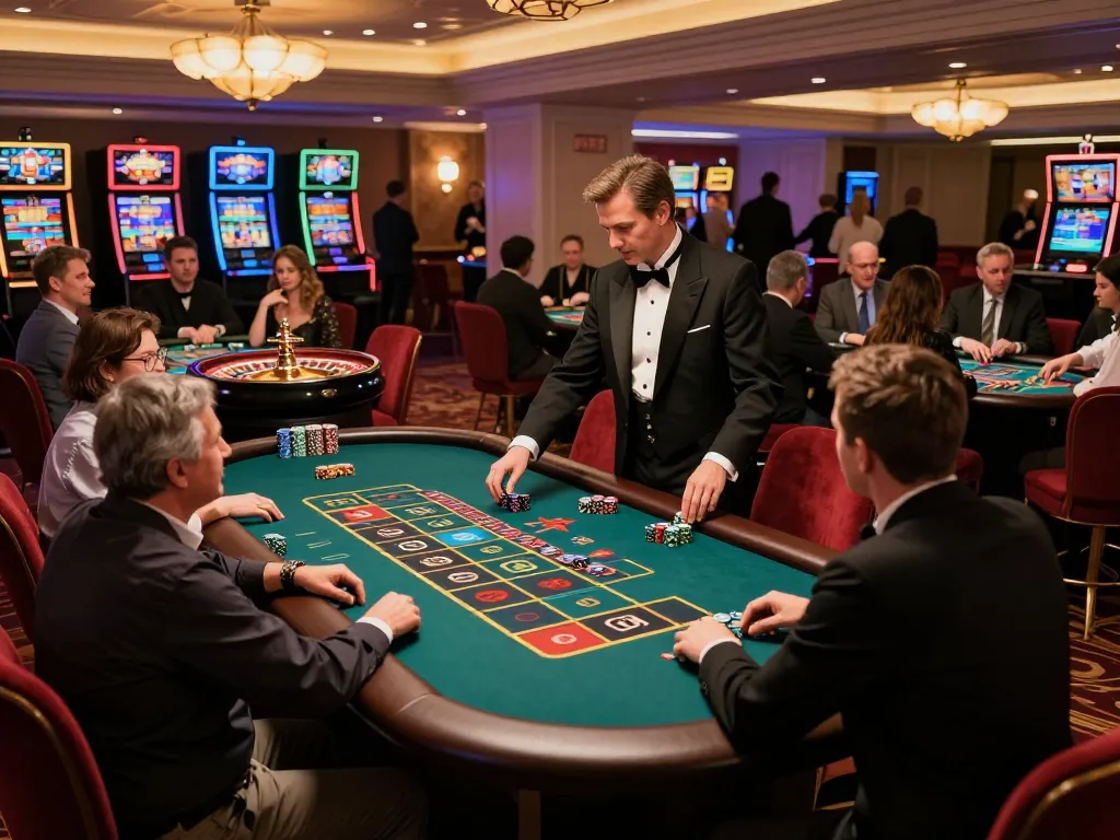 Engaged players placing bets on togel hk at a vibrant roulette table in an upscale casino setting.