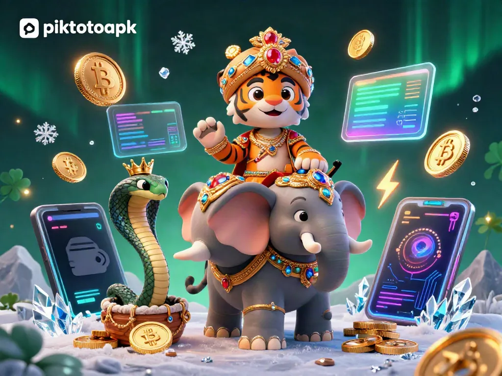 Engage with the vibrant world of piktotoapk, featuring a maharaja tiger, jewel-encrusted elements, and cryptocurrency coins.