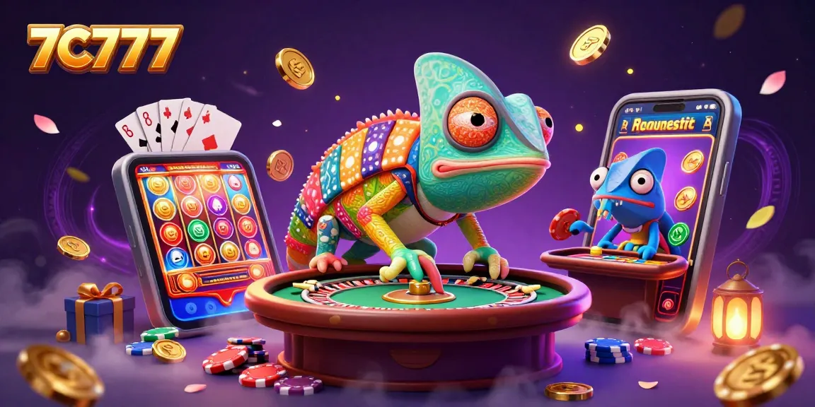 Experience thrilling gaming with 7C777's vibrant characters and dynamic casino elements.