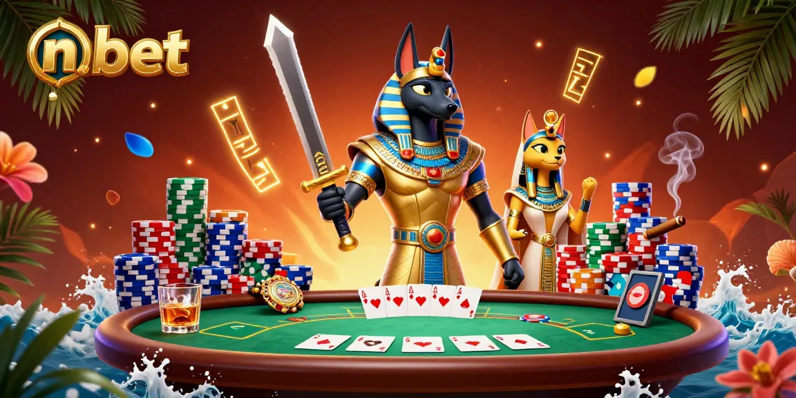 Engage with nbet amidst a vibrant poker scene featuring Anubis and Bastet in a dynamic 3D illustration.