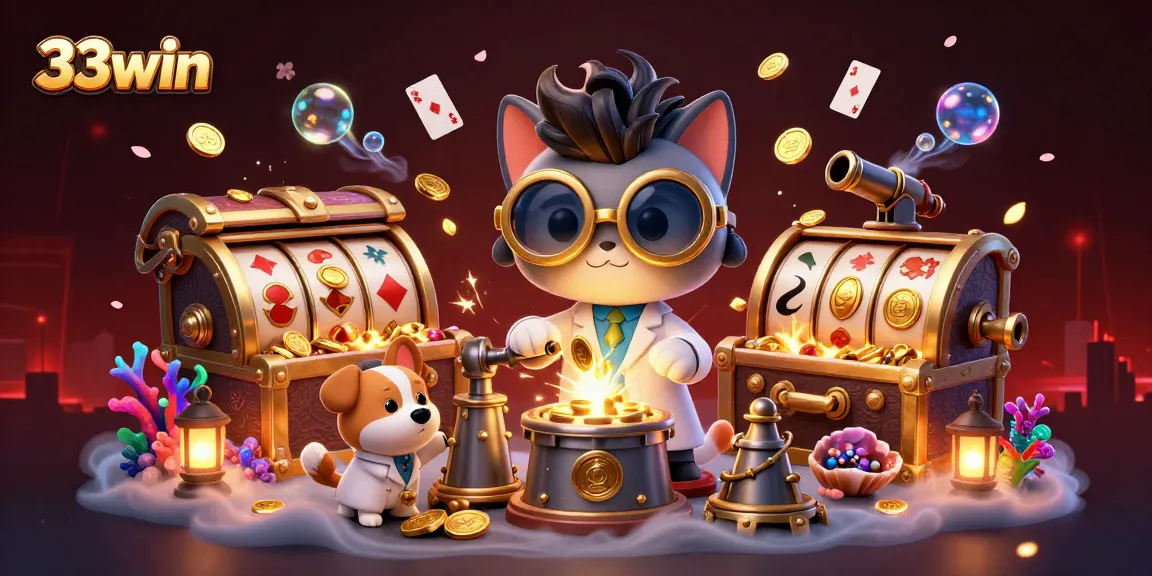 Engage in excitement with 33win amidst a vibrant 3D casino scene of slot reels and gold coins.