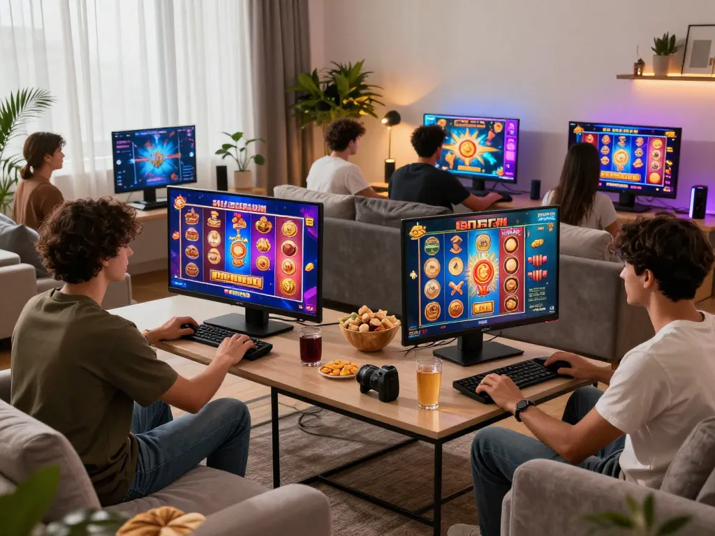 Exciting online gaming scene with players enjoying vegasslot77 digital slot games in a cozy setting.