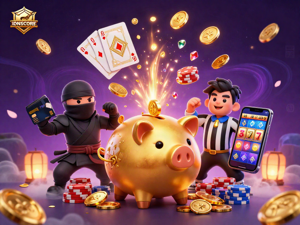 Experience thrilling action at IDNSCORE as a golden piggy bank wrestler battles a wallet-ninja.