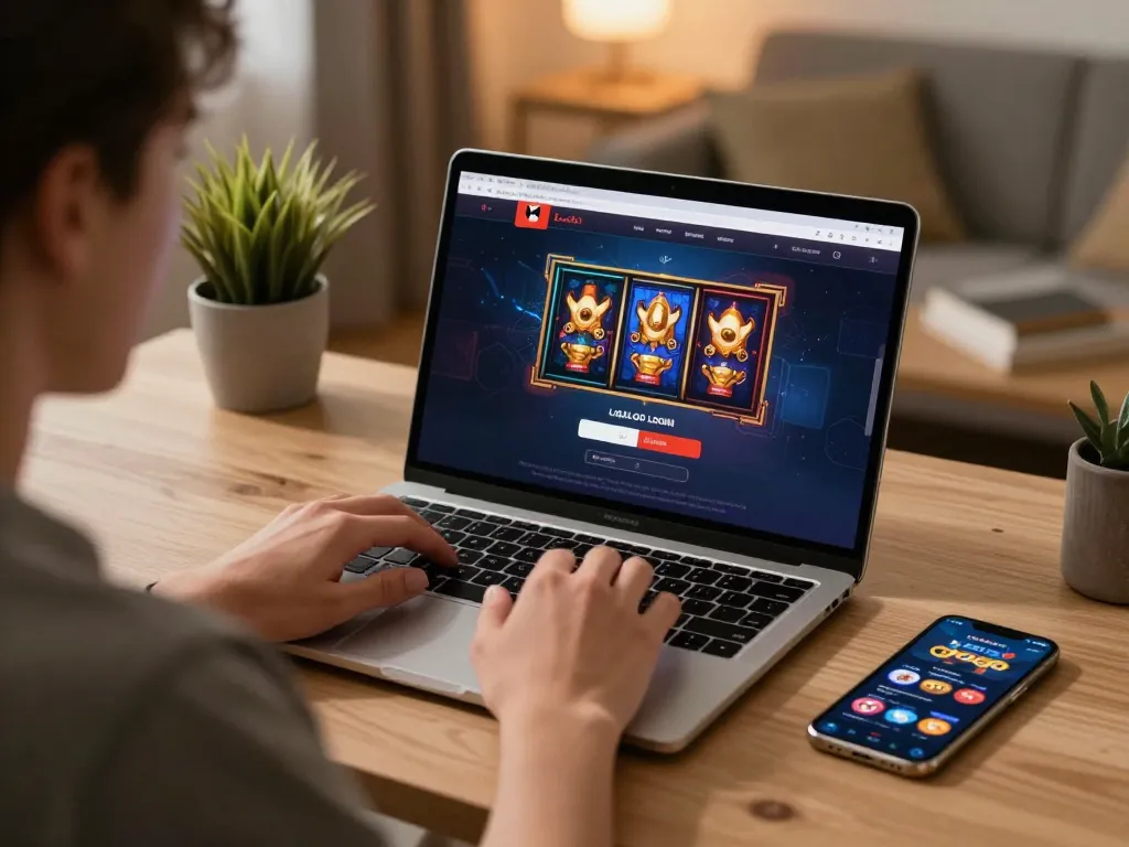 LIGALGO LOGIN page on laptop during relaxed home gaming session.
