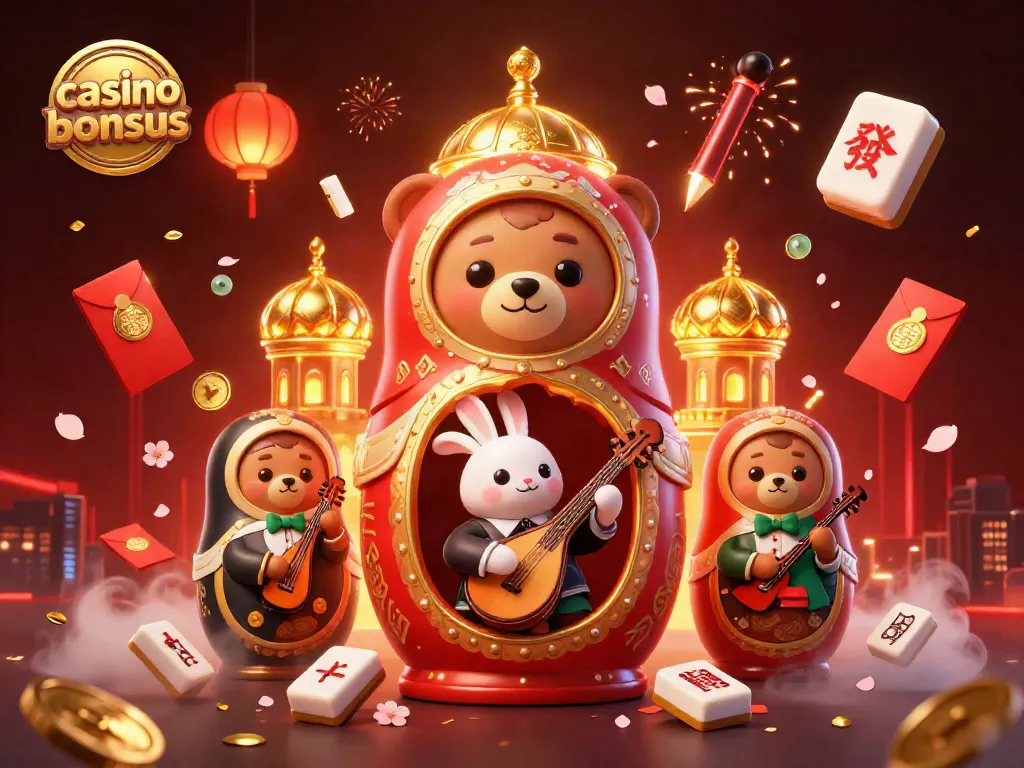Exciting 3D scene showcasing casino bonuses with animated bears in dealer outfits, floating mahjong tiles, and festive lanterns.