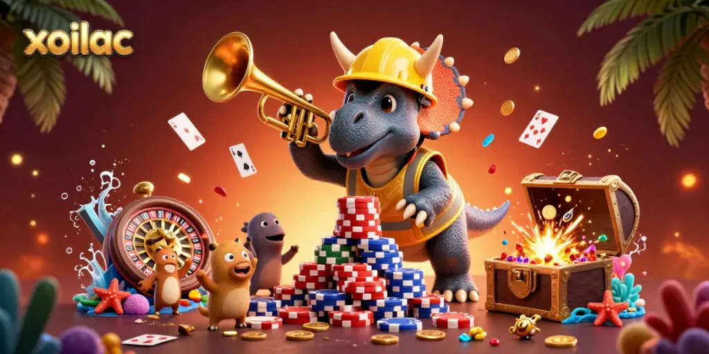 Xoilac brings excitement to casino gaming with triceratops and friends celebrating a jackpot.
