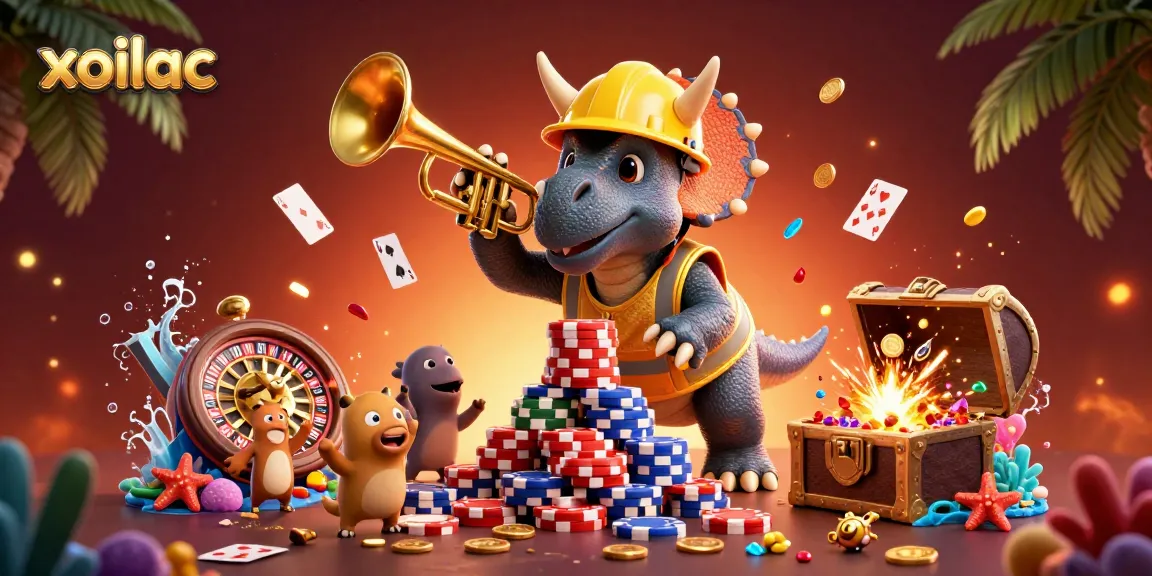 Xoilac brings excitement to casino gaming with triceratops and friends celebrating a jackpot.