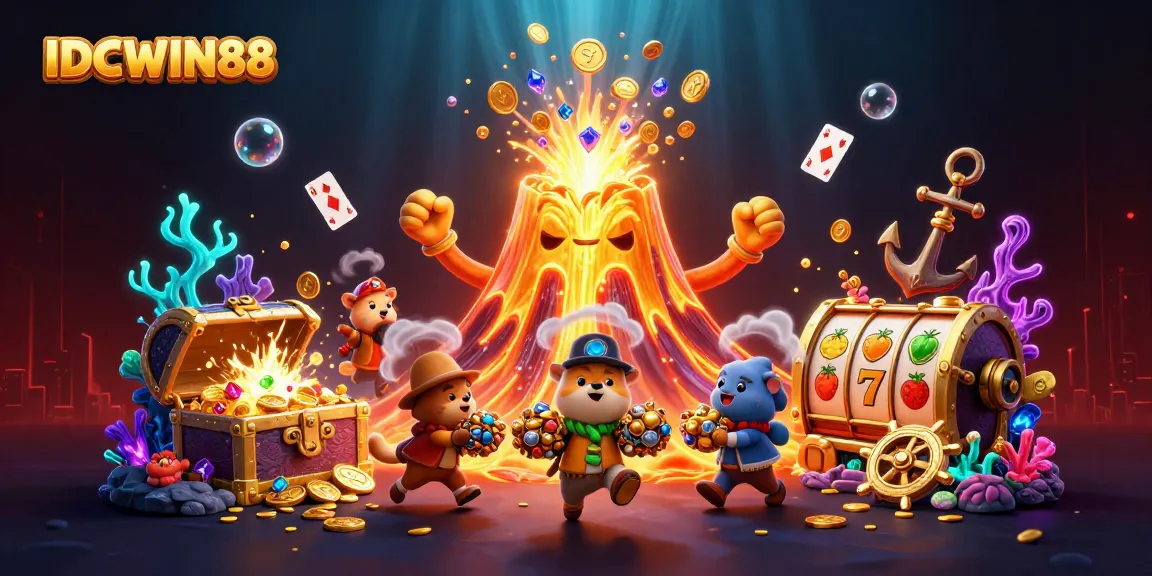 Experience thrilling wins with IDCWIN88, vibrant slot reels, treasure adventures, and animated characters.