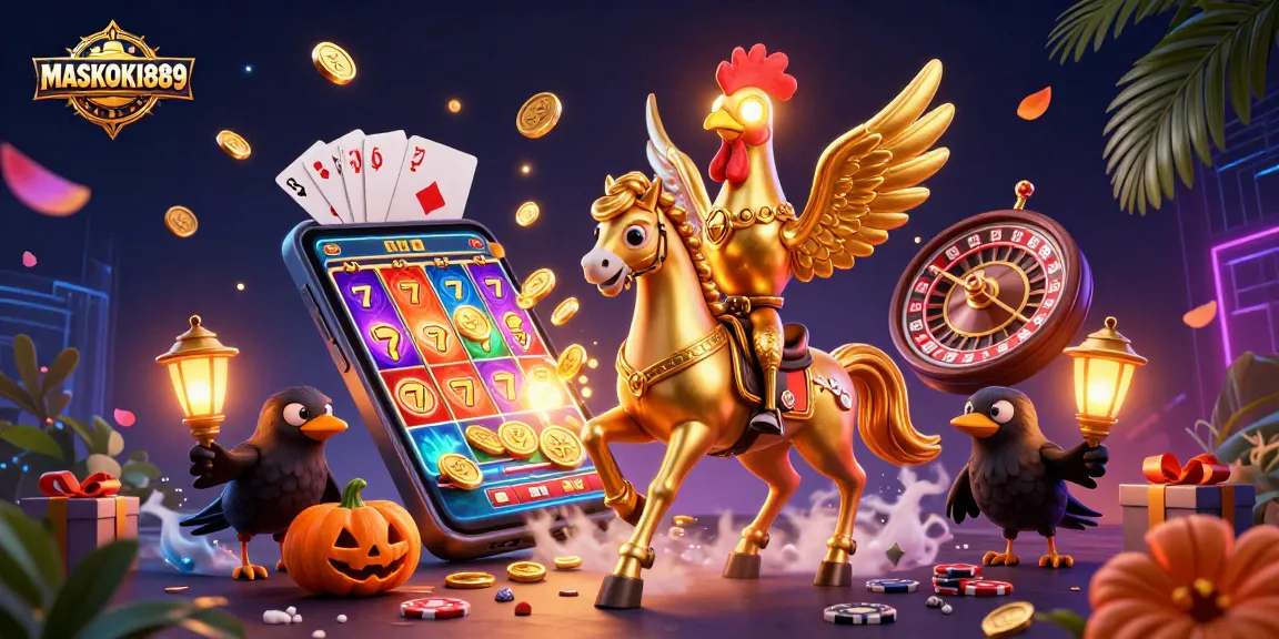 Engage in thrilling gameplay with MASKOKI889, featuring a golden rooster and colorful slots in a vibrant casino.