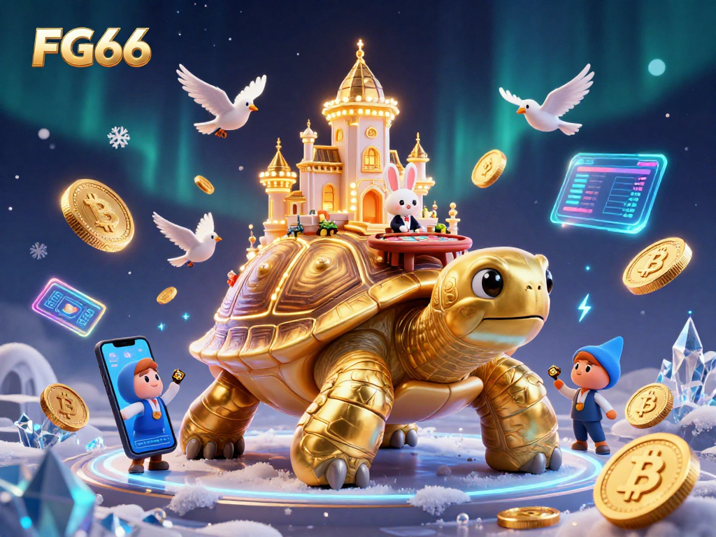 Experience exciting gaming with FG66's vibrant 3D casino illustration showcasing crypto themes.