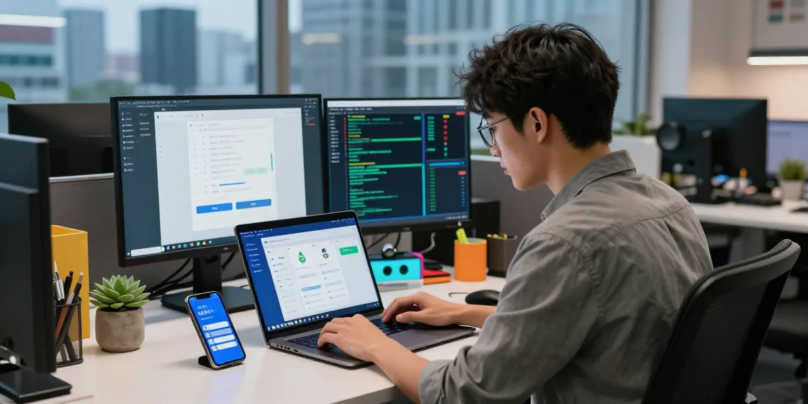 使用爱思助手管理iOS设备的年轻专业人士在现代办公环境中工作