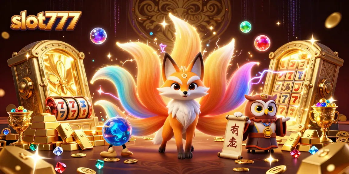 Experience thrilling slot777 gameplay with vibrant 3D fox spirit and treasure elements amidst rich casino visuals.