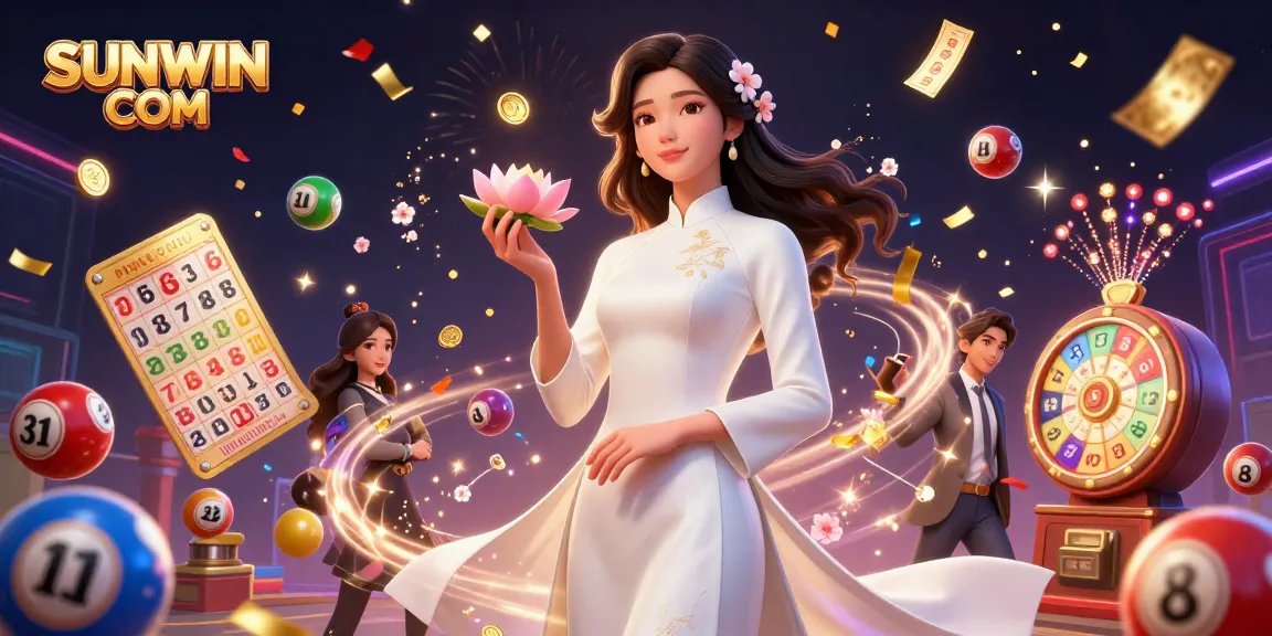 SUNWIN COM showcases an energetic 3D illustration featuring vibrant lottery elements and an elegant character in a casino setting.
