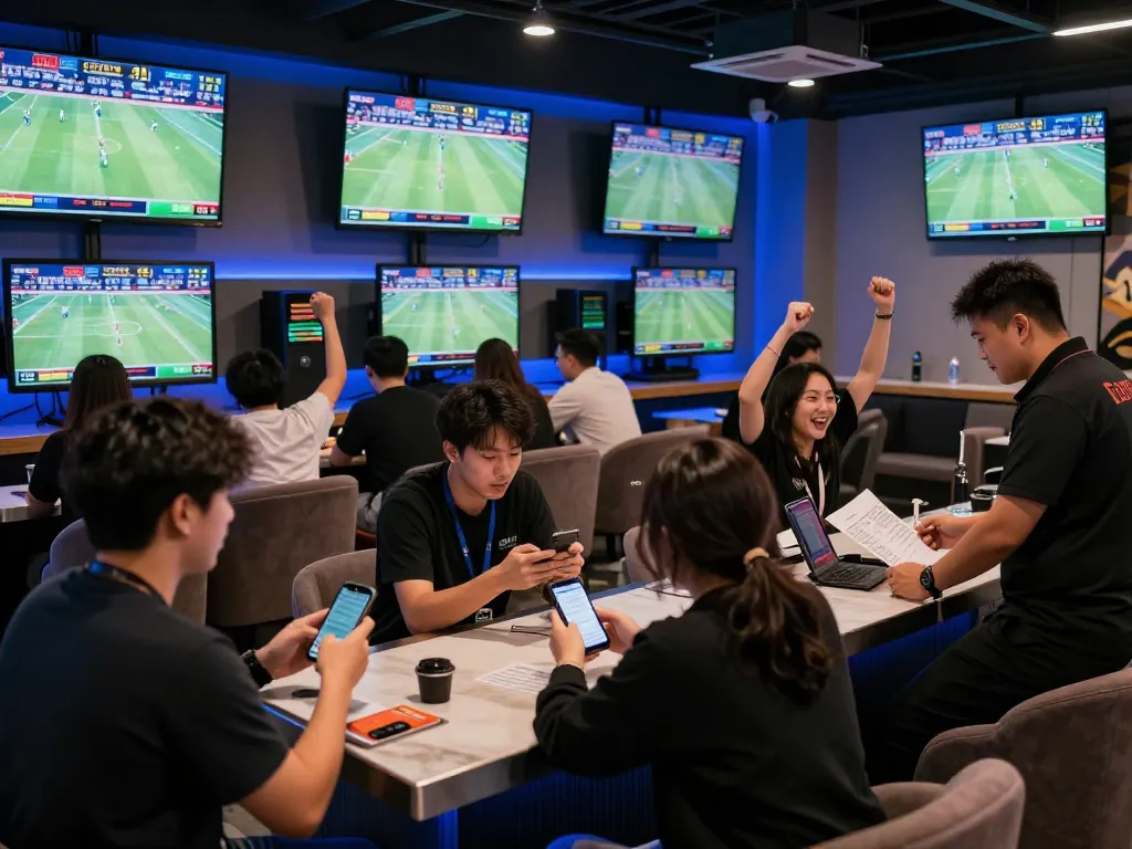 Fans excitedly betting online at 78win in a lively sports betting lounge.