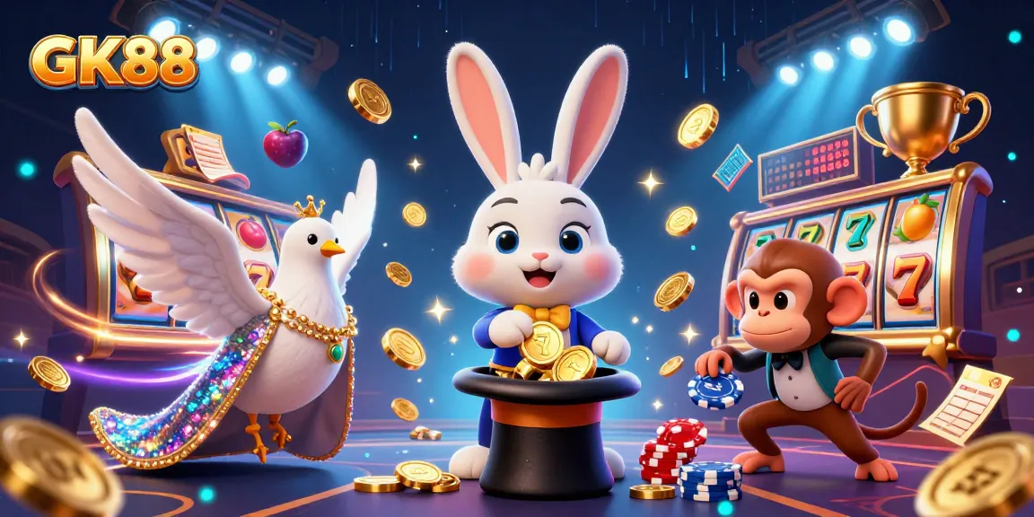 Experience GK88 with a magician rabbit, dove, and monkey in a vibrant casino scene.