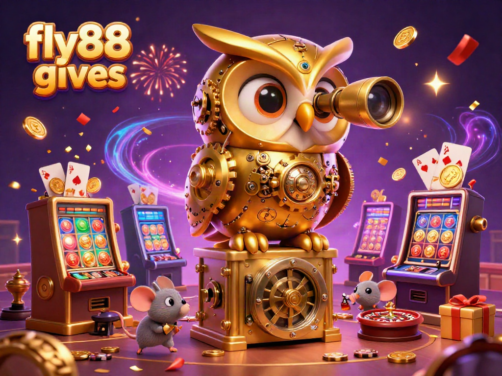 fly88 gives: Experience a whimsical casino scene with a golden owl, vibrant games, and festive energy.
