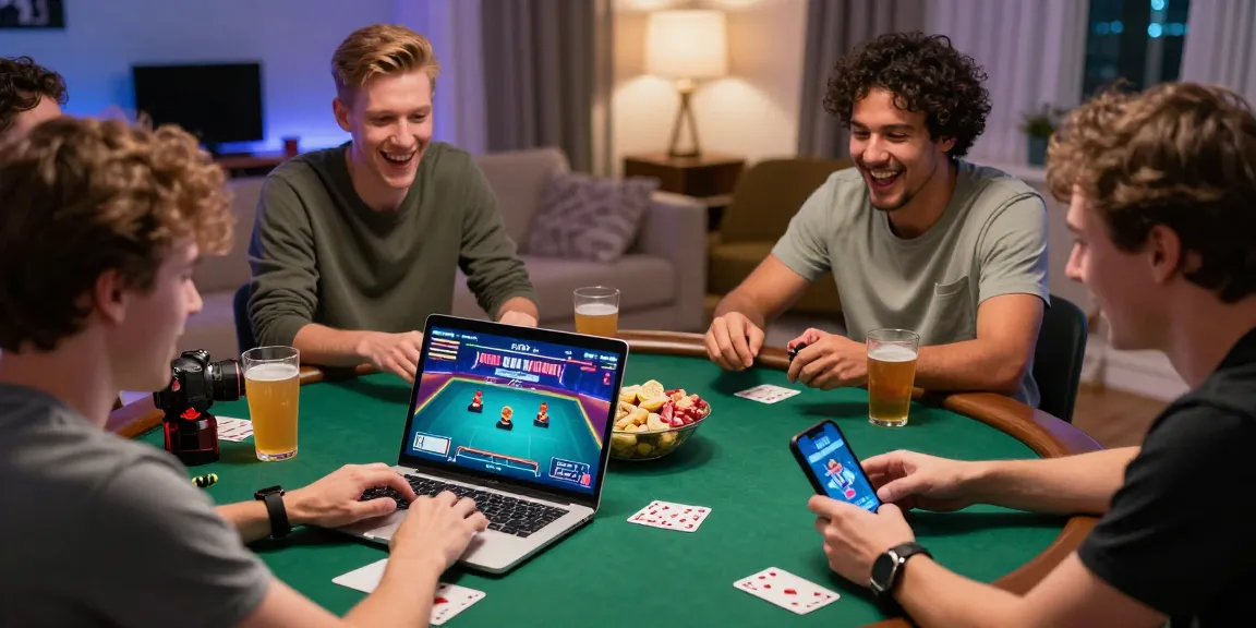Engaging gaming atmosphere showcasing friends enjoying Daftar Domino8 poker game online, with vibrant screens and lively interaction.