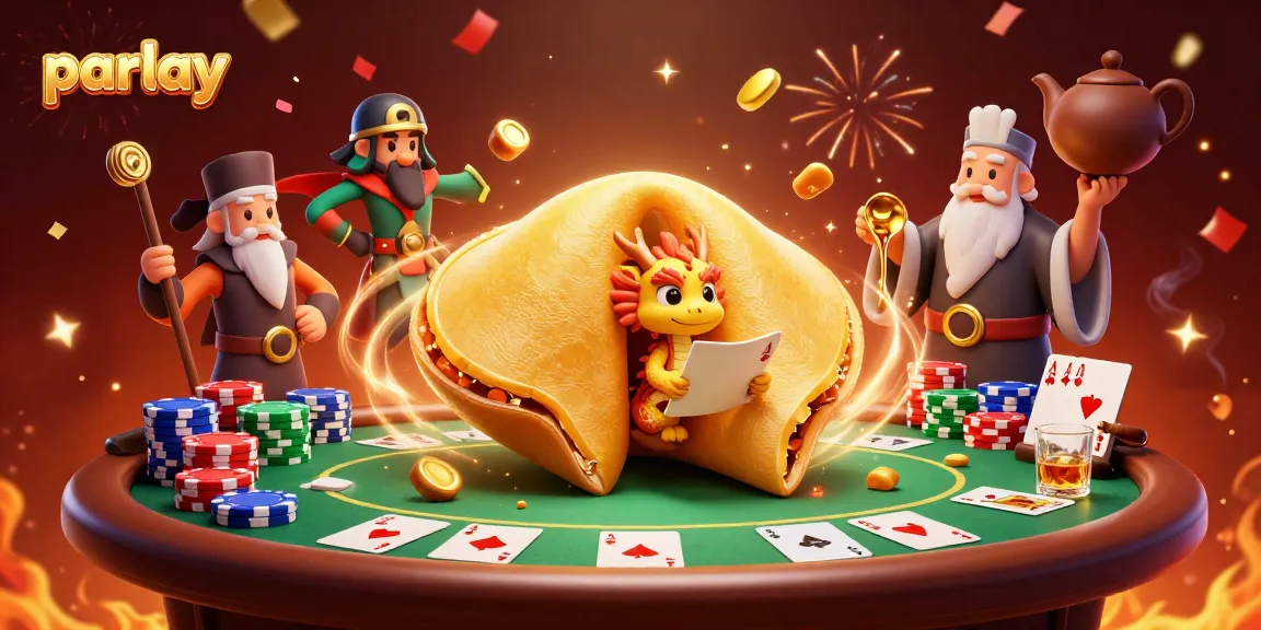 Immerse yourself in the parlay gambling scene featuring a vibrant dragon and fortune cookie characters.