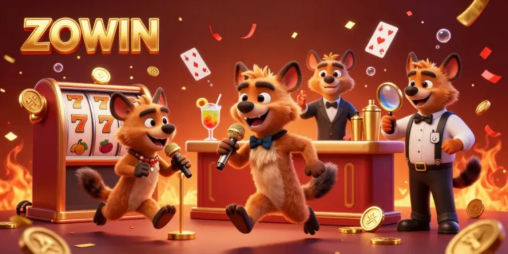 ZOWIN casino illustration with hyenas humorously engaging in gaming activities, featuring vibrant and rich details.