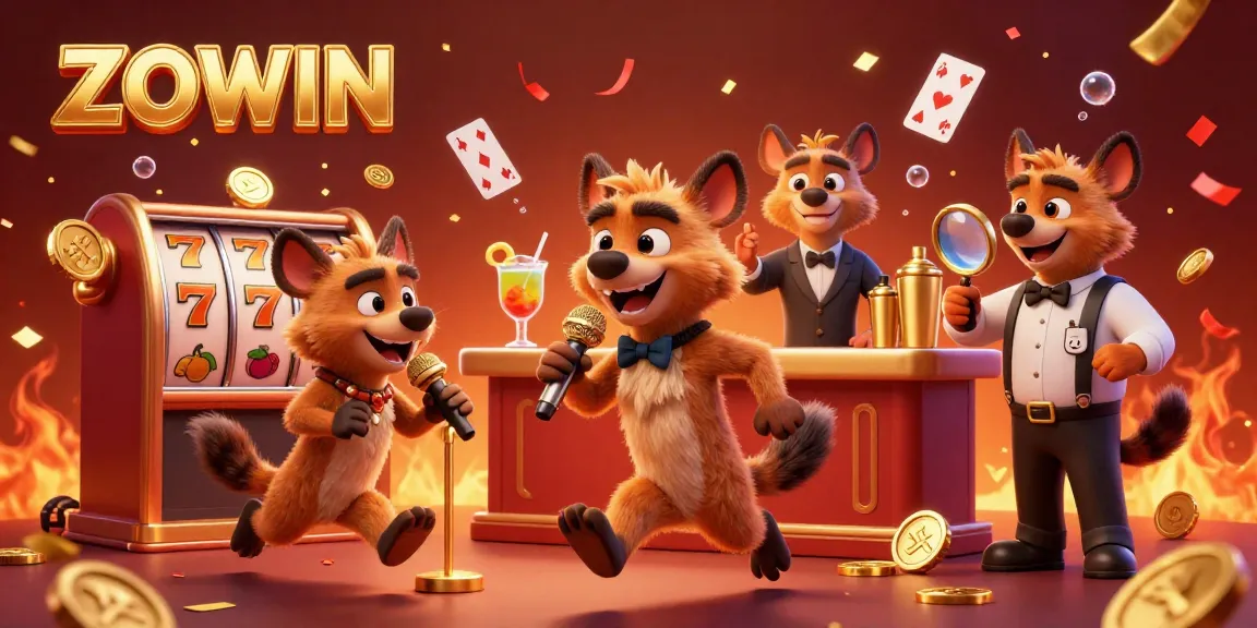 ZOWIN casino illustration with hyenas humorously engaging in gaming activities, featuring vibrant and rich details.