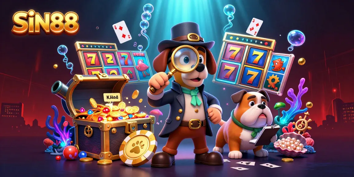 SIN88 showcases a detective and companion uncovering poker treasures among vibrant casino elements.