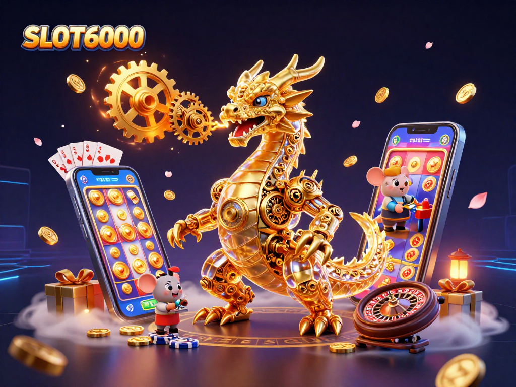 SLOT6000 offers thrilling gaming action with a vibrant scene featuring characters and dynamic slot game elements.