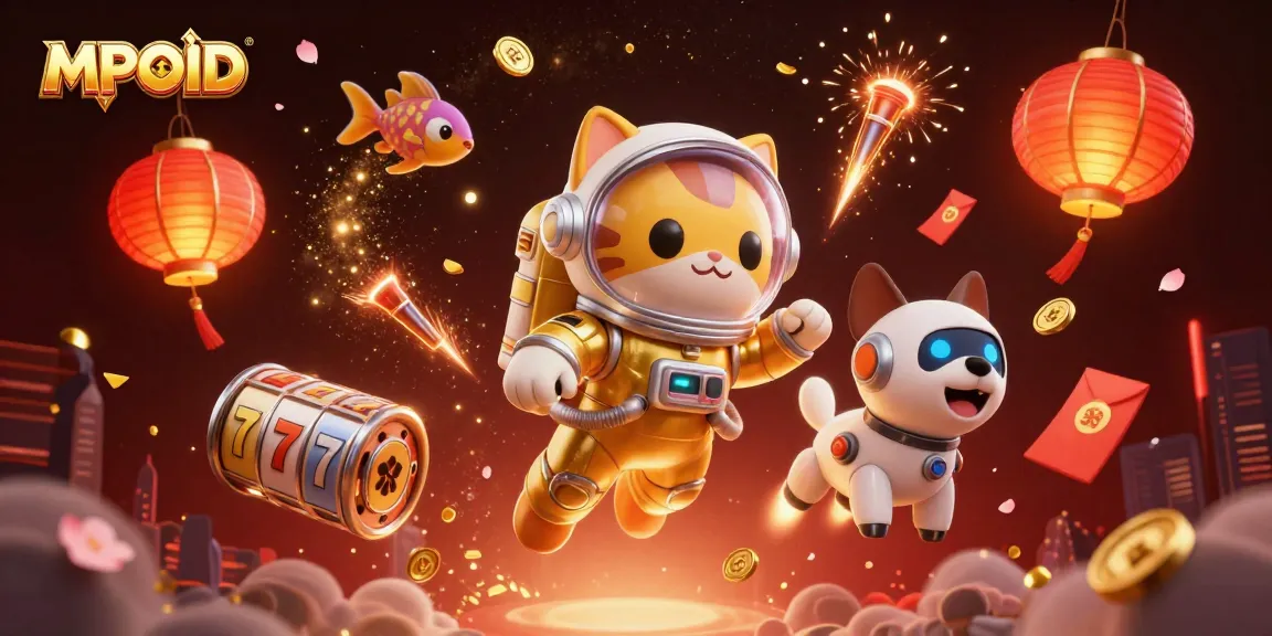 MPOID showcases a thrilling 3D space scene with an astronaut cat, robot dog, and vibrant casino elements.