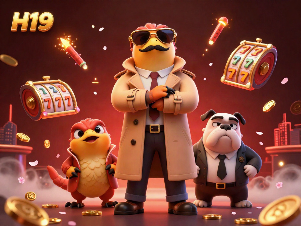 Exciting scene of H19 with three raptors in a trench coat entering a VIP casino surrounded by slot gaming elements.