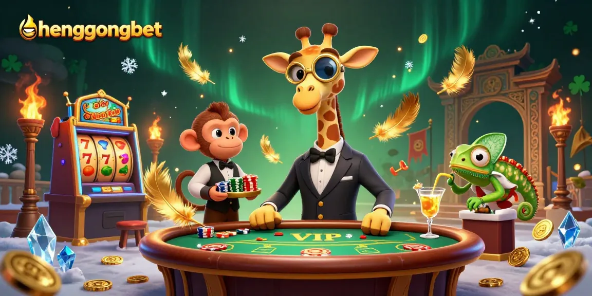 Experience winning strategies at hengongbet with a cartoon high-roller giraffe, monkey valet, and vibrant casino scene.