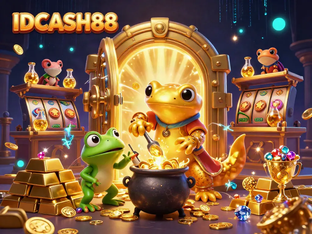 Experience the magical world of IDCASH88 with a golden salamander, elite gaming elements, and treasures galore.