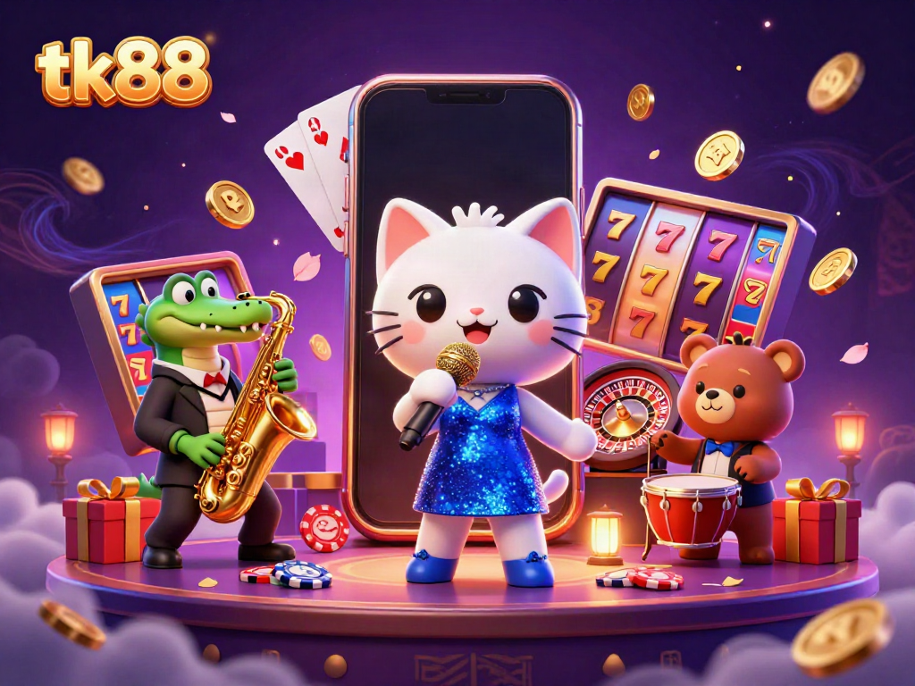 Engage in the vibrant world of tk88 with lively characters showcasing exciting casino elements amidst a colorful digital backdrop.