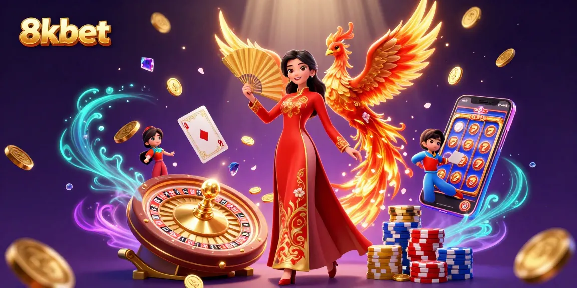 Experience the thrill of 8xbet with vibrant casino elements in a stunning 3D illustration.