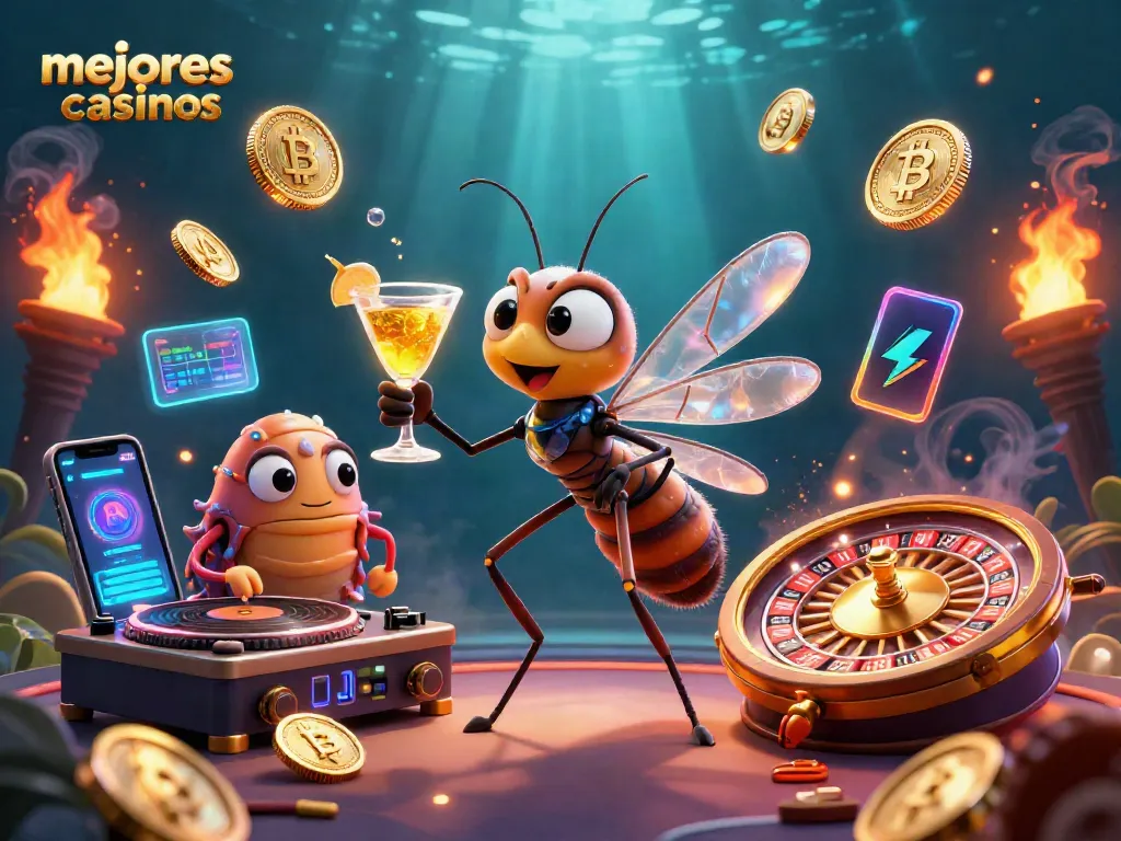 Juega en los mejores casinos con criptomonedas mientras disfrutas de una ilustración vibrante de un mosquito animado y un DJ trilobite.