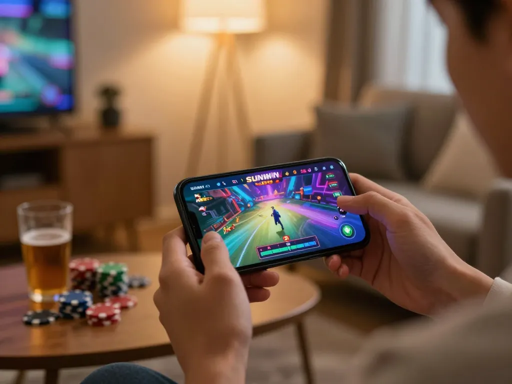 SUNWIN mobile gaming app showcasing vibrant gameplay on a smartphone, set in a cozy home environment.