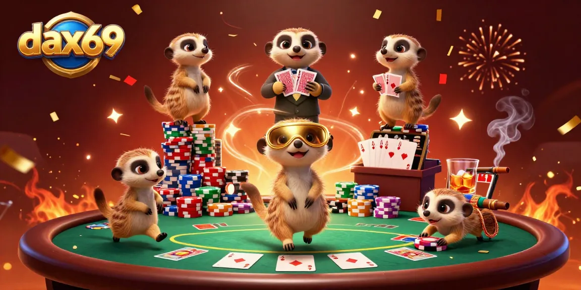 Meerkat menjalankan kasino dax69 yang dinamis dengan tumpukan chip berwarna-warni.