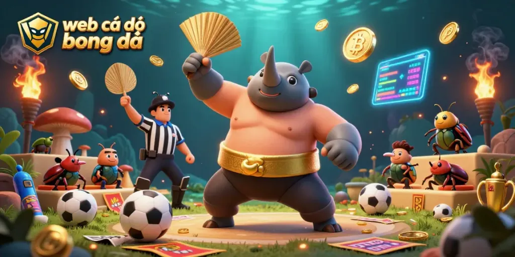Cá độ bóng đá trực tuyến với hình ảnh tướng đấu sumo nổi bật và các yếu tố thể thao ấn tượng.
