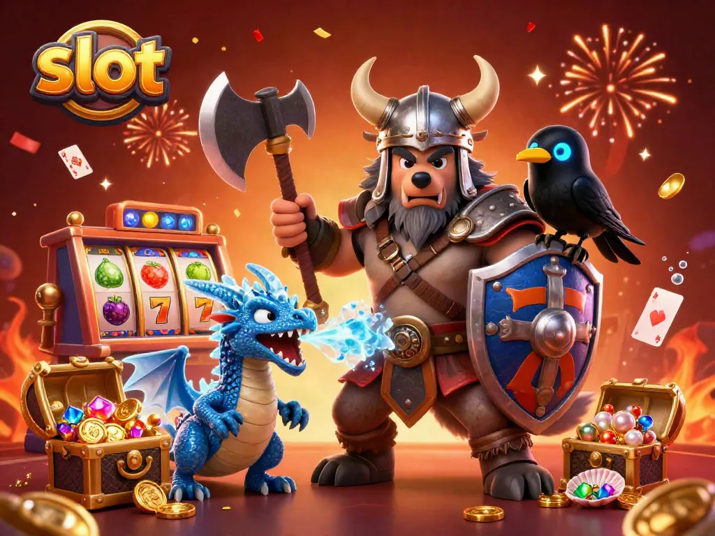 Experience thrilling slots with the Viking wolf warrior, dragon, and raven in this vibrant casino scene.