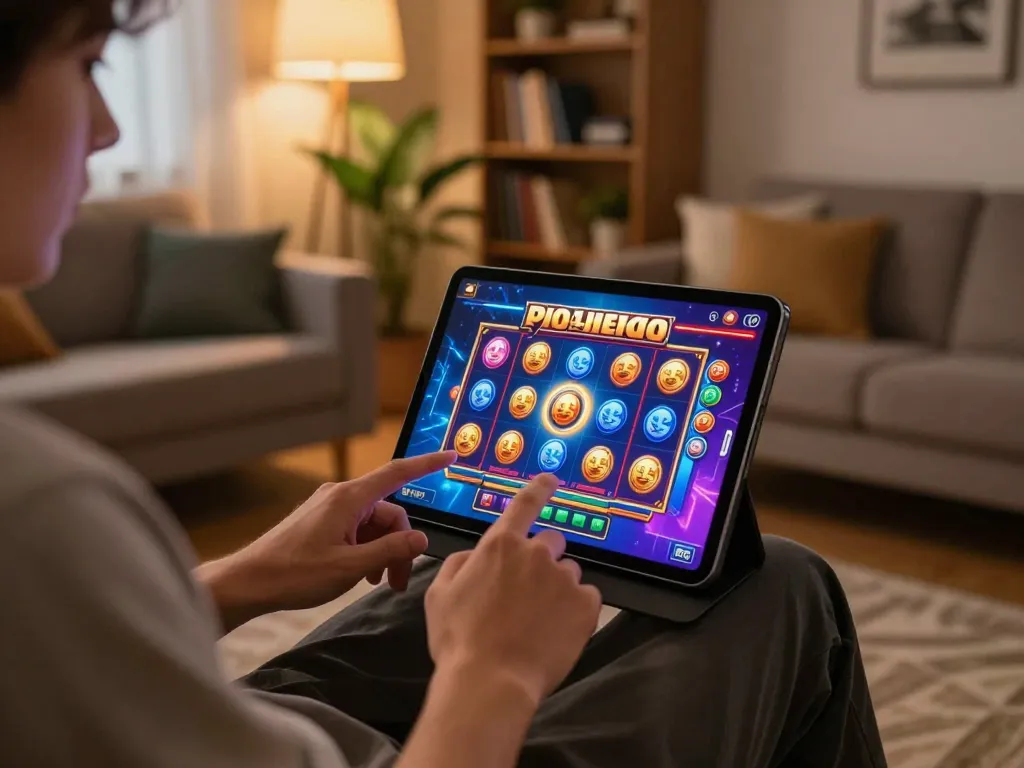 Experience a thrilling Slot Demo on a tablet in a cozy online gaming setup.