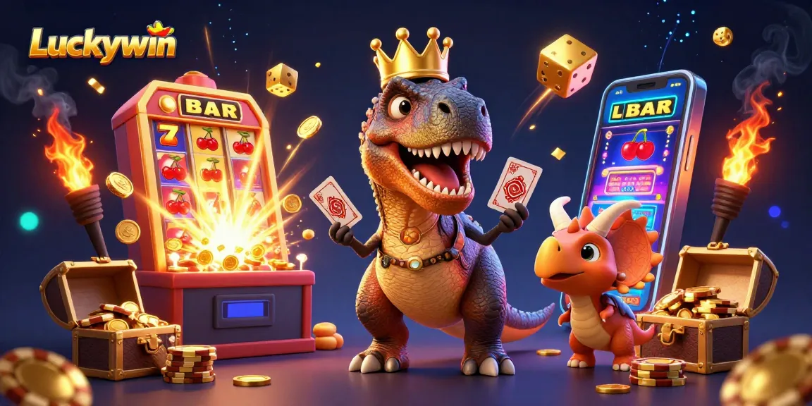 Engage in the Luckywin excitement with a dynamic scene featuring a friendly T-Rex and vibrant casino elements.