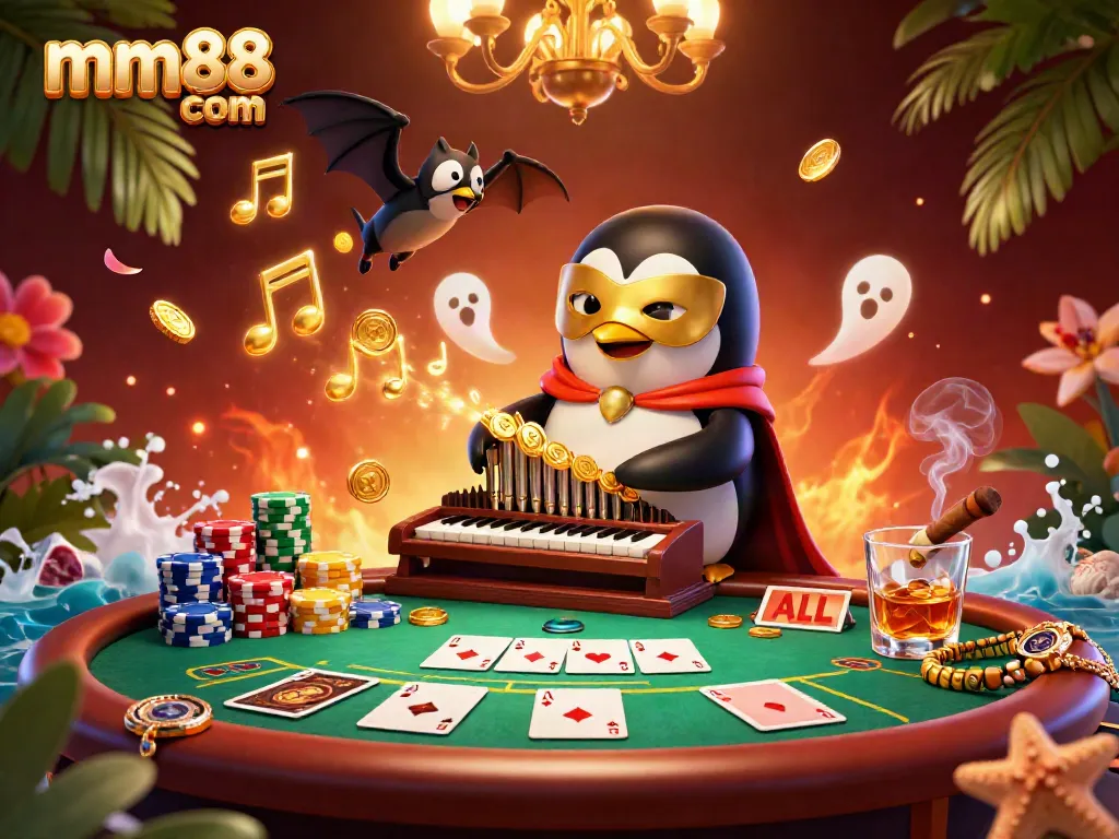Experience the thrill of mm88 com with a vibrant 3D casino scene featuring a penguin playing a golden organ, surrounded by poker elements.