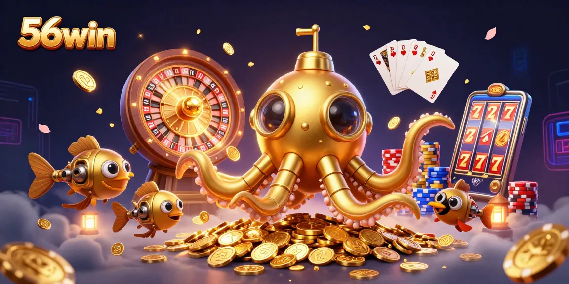 Experience thrilling wins with the 56win online casino, featuring dynamic gaming scenes and golden treasures.