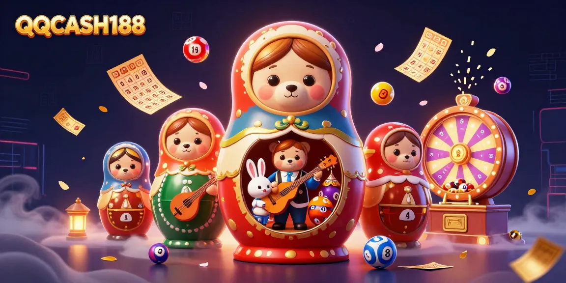 Engage with QQCASH188's vibrant gambling scene featuring dynamic lottery elements and charming characters.
