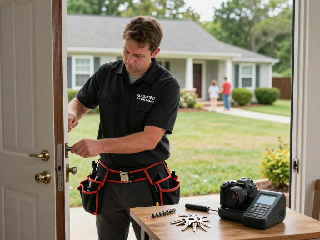 Locksmith Garner NC installing a secure lock at a suburban home, highlighting professional tools and a safe environment.