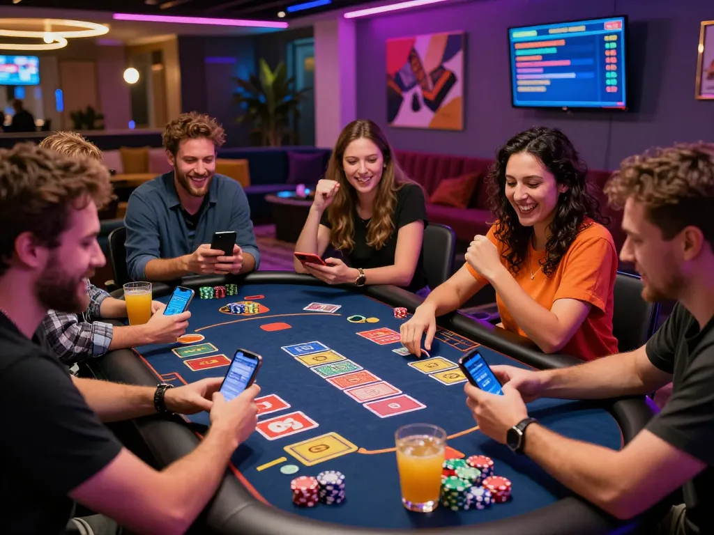Friends enjoying wraungtoto games at a lively gaming table, celebrating wins and engaging with digital interfaces, vibrant nightlife atmosphere.