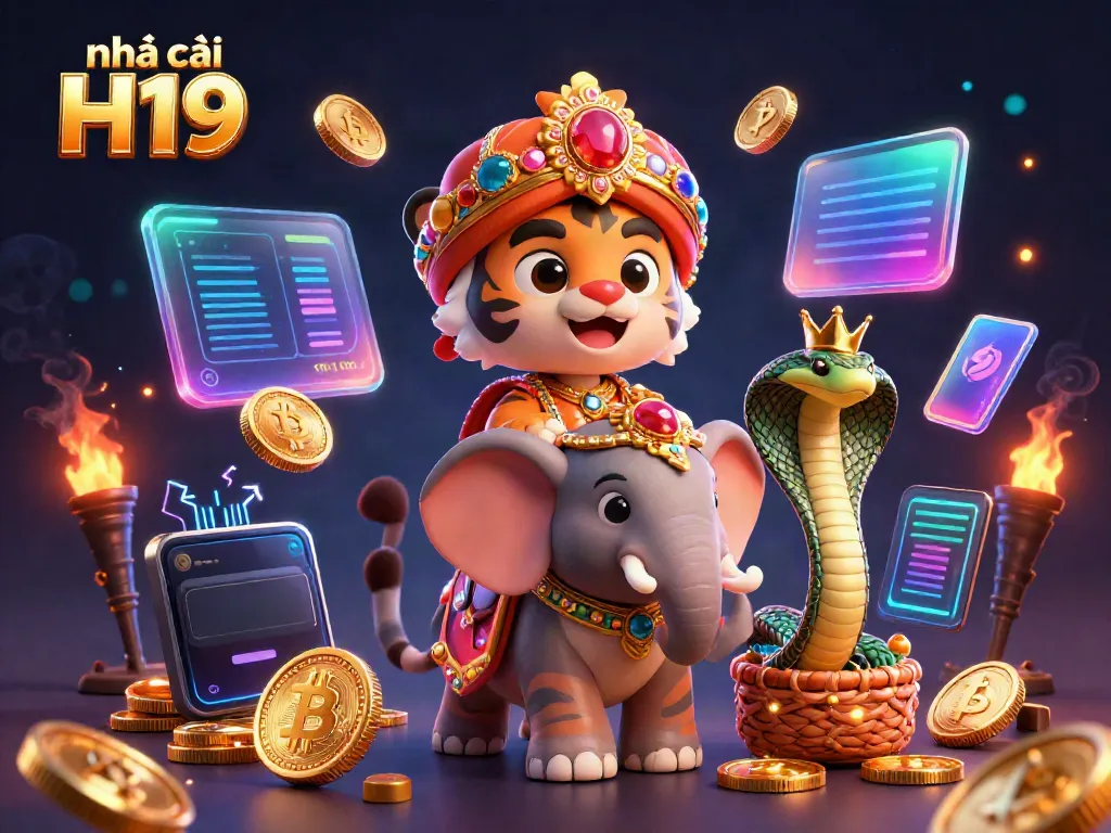Engaging 3D illustration highlighting nhà cái H19 with colorful crypto coins and dynamic casino elements.