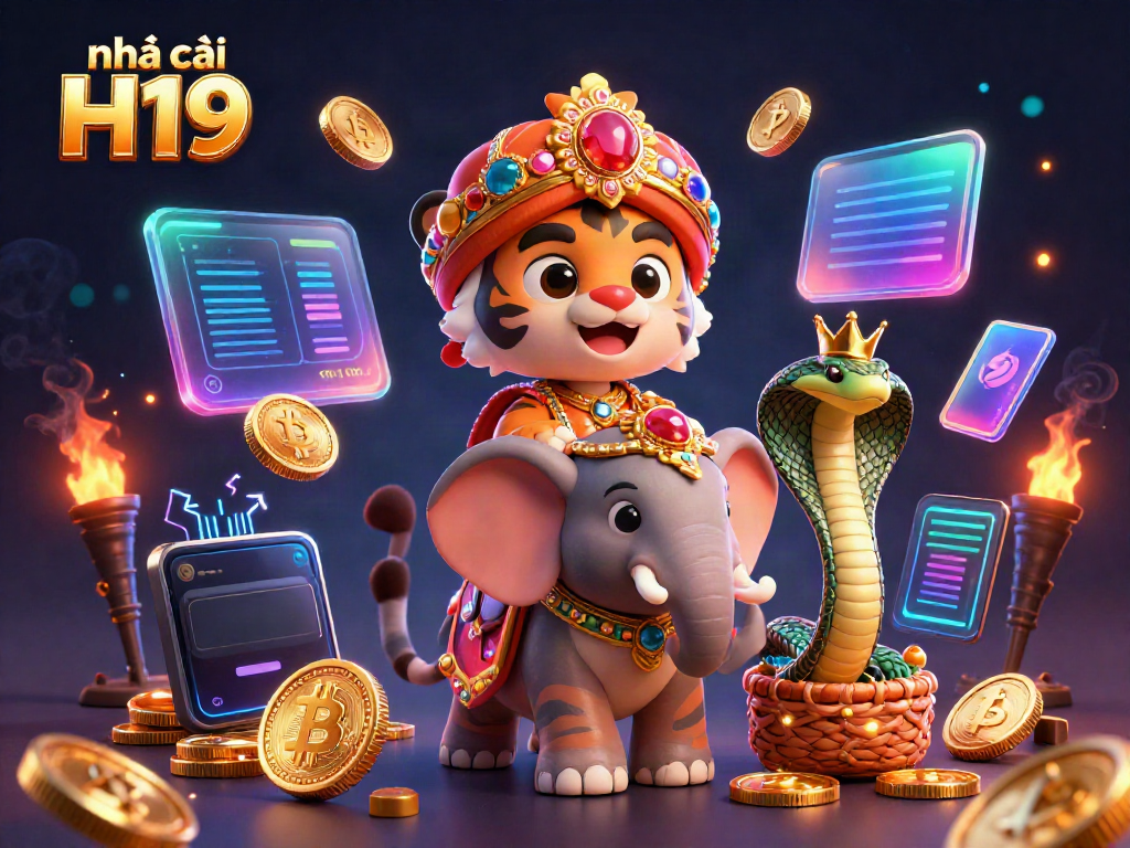 Engaging 3D illustration highlighting nhà cái H19 with colorful crypto coins and dynamic casino elements.