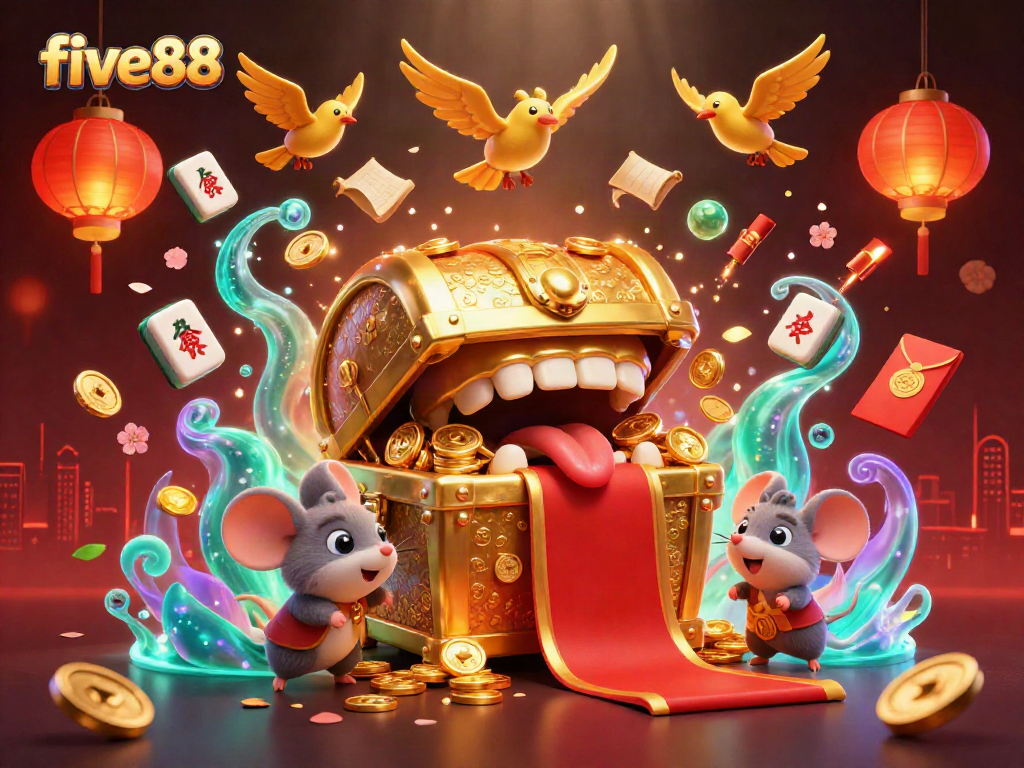 Engaging scene depicting five88 with an inviting treasure chest and festive elements, embodying rich gaming excitement.